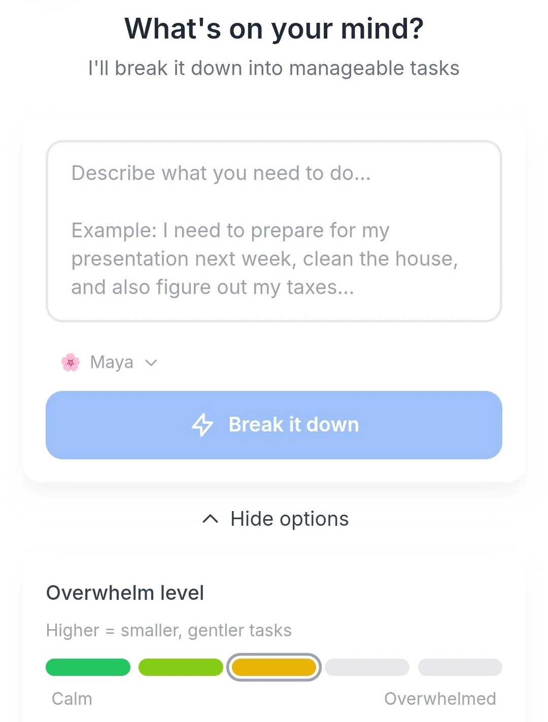 Archevot app showing a task breakdown with overwhelm level slider and action plan
