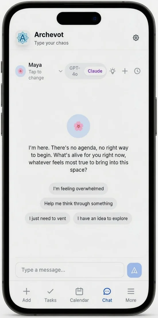 Chat button highlighted in the bottom menu of the Archevot app