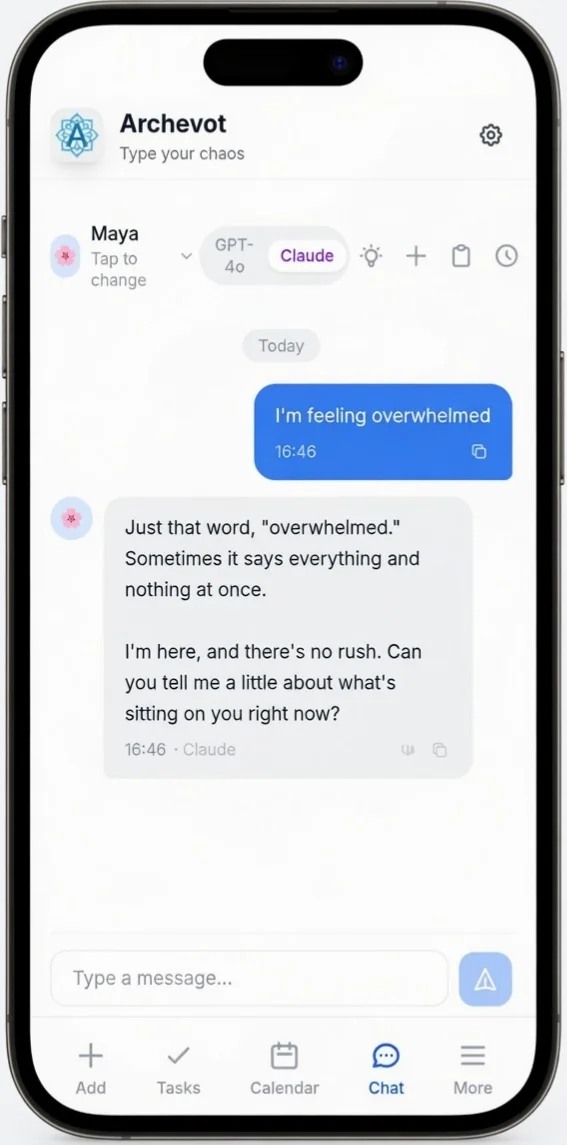Chat view with the message box at the bottom and the AI model selector