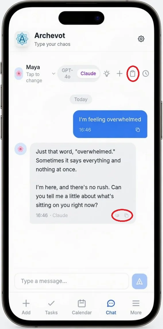 Chat message with the listen, copy and keyboard icons visible