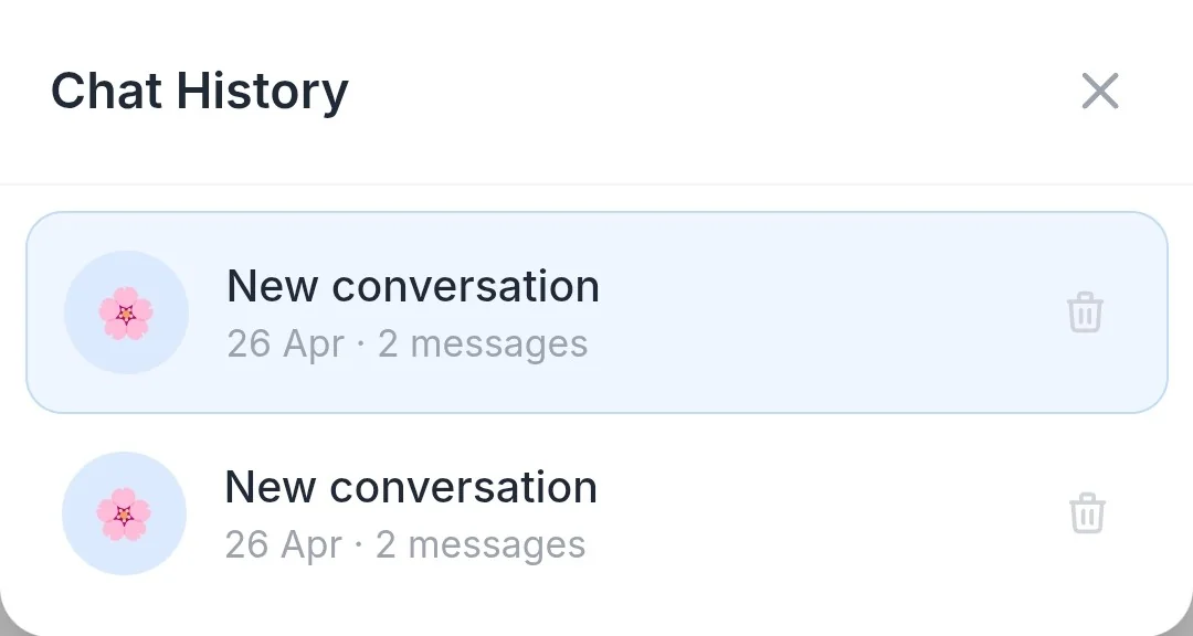 Chat history screen showing past conversations