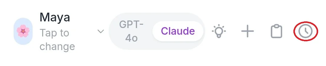 Clock icon at the top of the chat screen used to open chat history