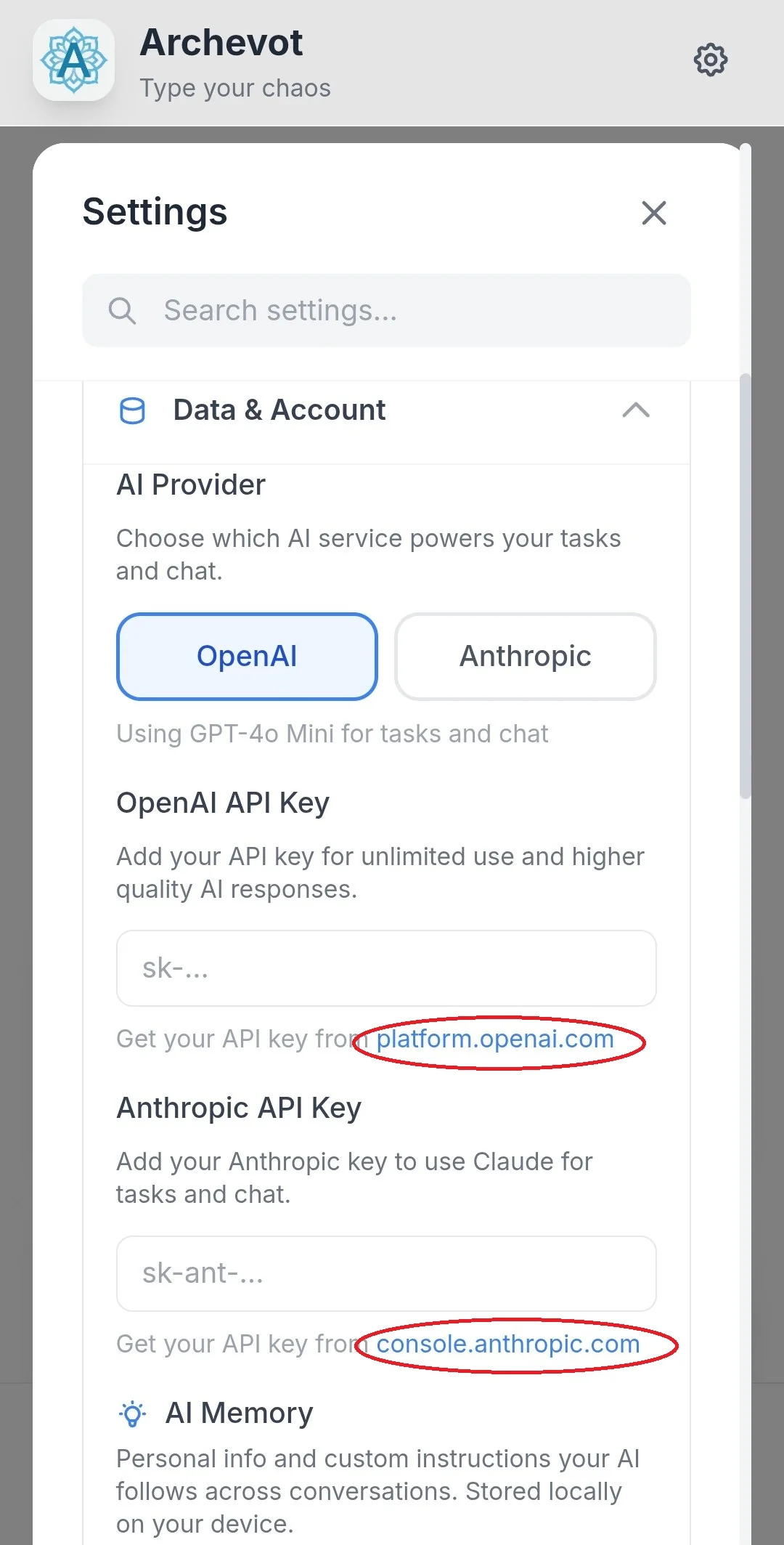AI settings screen with OpenAI and Anthropic links to register and get API keys