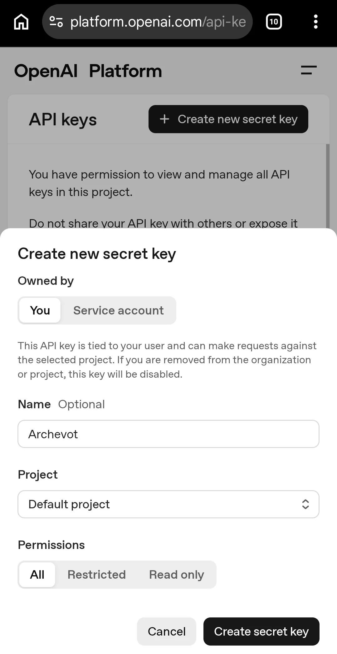 OpenAI platform showing the Create new secret key form