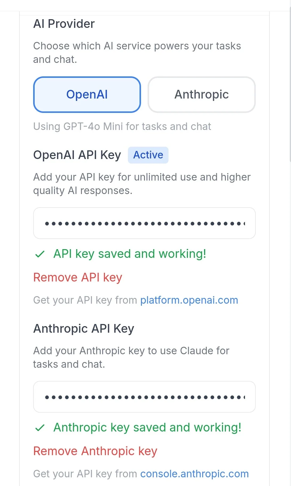 Both OpenAI and Anthropic API keys saved and active in Archevot