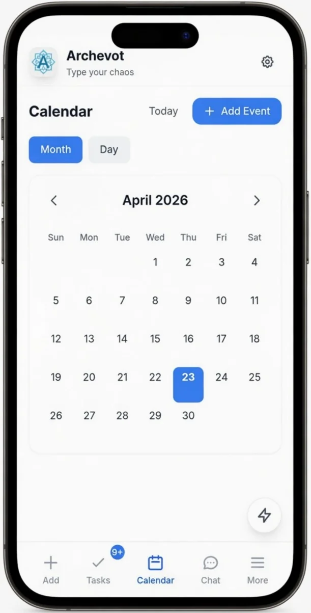 Archevot calendar screen showing the month view with the Add Event button, view toggle and bottom navigation