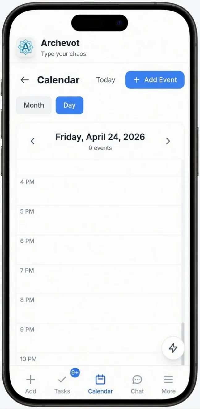 Archevot calendar Day view showing hourly time slots for Friday, April 24, 2026