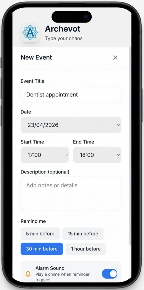 Archevot New Event form with fields for title, date, start and end time, description, reminder options and alarm sound toggle