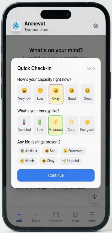 Archevot wellbeing check-in screen showing capacity, energy and feelings options