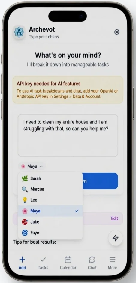 Archevot persona selection screen showing the available AI guides