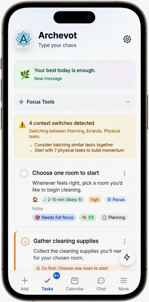 Archevot action plan screen showing broken-down tasks with checkable circles next to each step