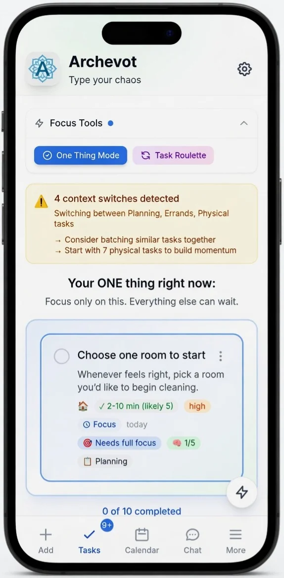 Archevot One Thing Mode screen showing a single focused task
