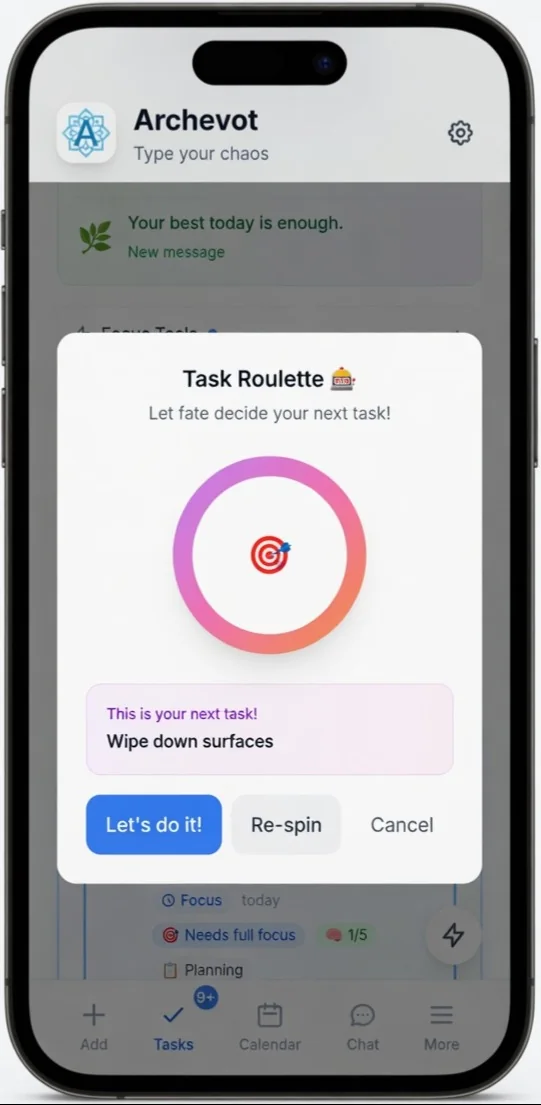 Archevot Task Roulette screen that randomly picks one task from your list