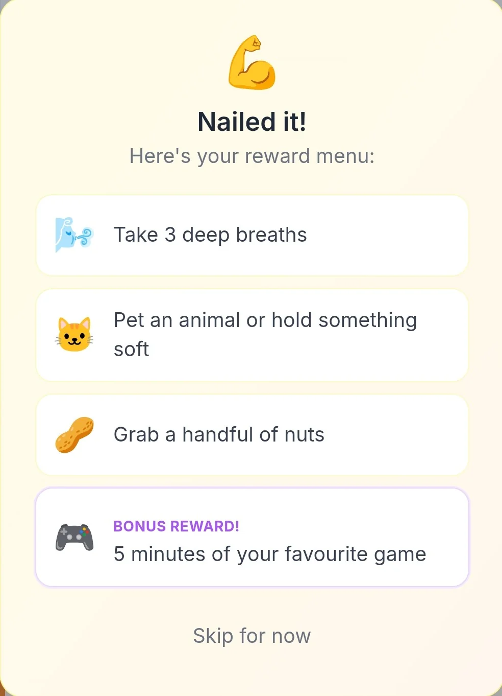 Archevot Dopamine Menu popup with reward suggestions after completing a task