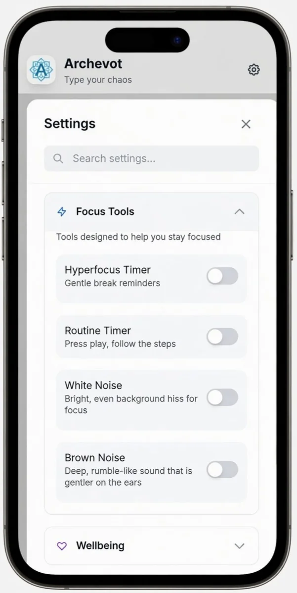 Hyperfocus Timer screen in Archevot