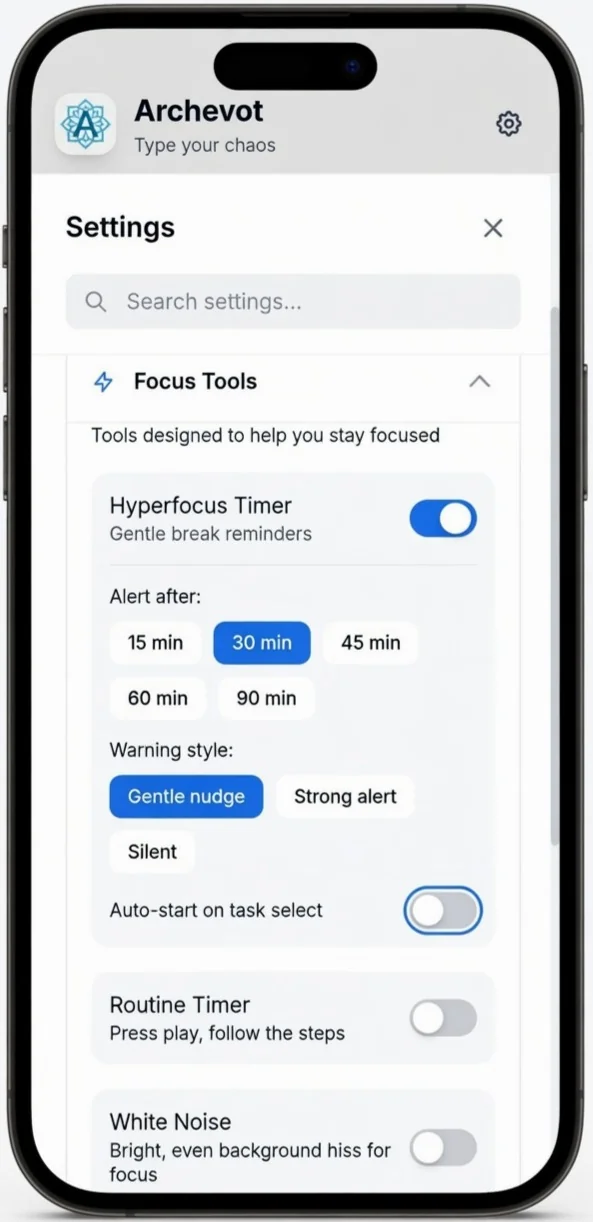 Hyperfocus Timer configuration screen showing session length, warning style, and auto-start toggle