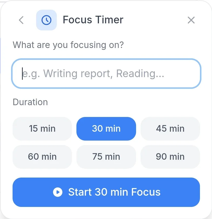 Focus session screen with task input, duration options, and start button