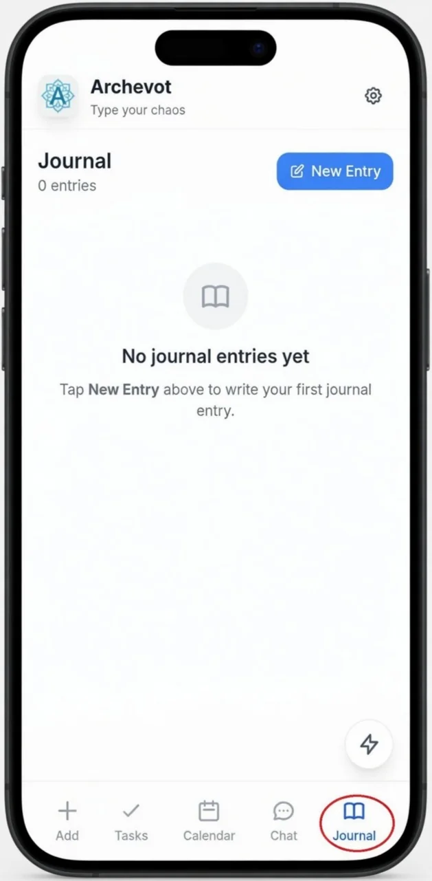 Journal tab in the bottom right of the Archevot app with the New Entry button at the top right