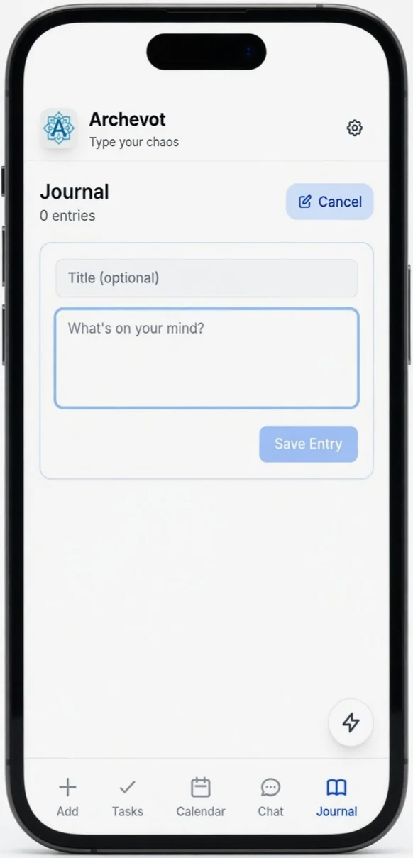 Journal entry screen with text box, Save Entry button, and the list of past entries