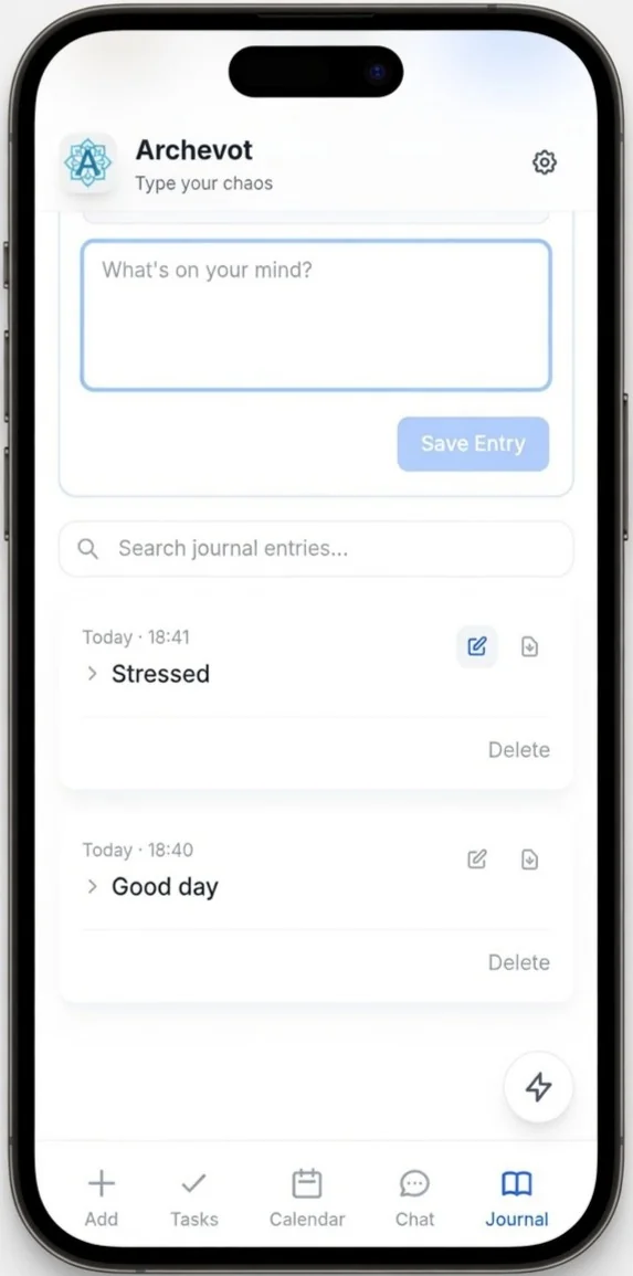 Journal list view with options to edit and download entries