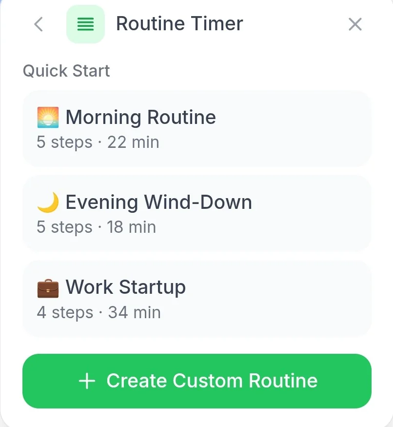 Routine selection screen with built-in routines and the Create Custom Routine button