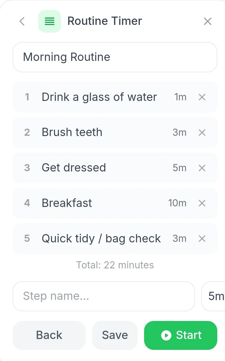 Routine task list with options to start, change, or add new tasks
