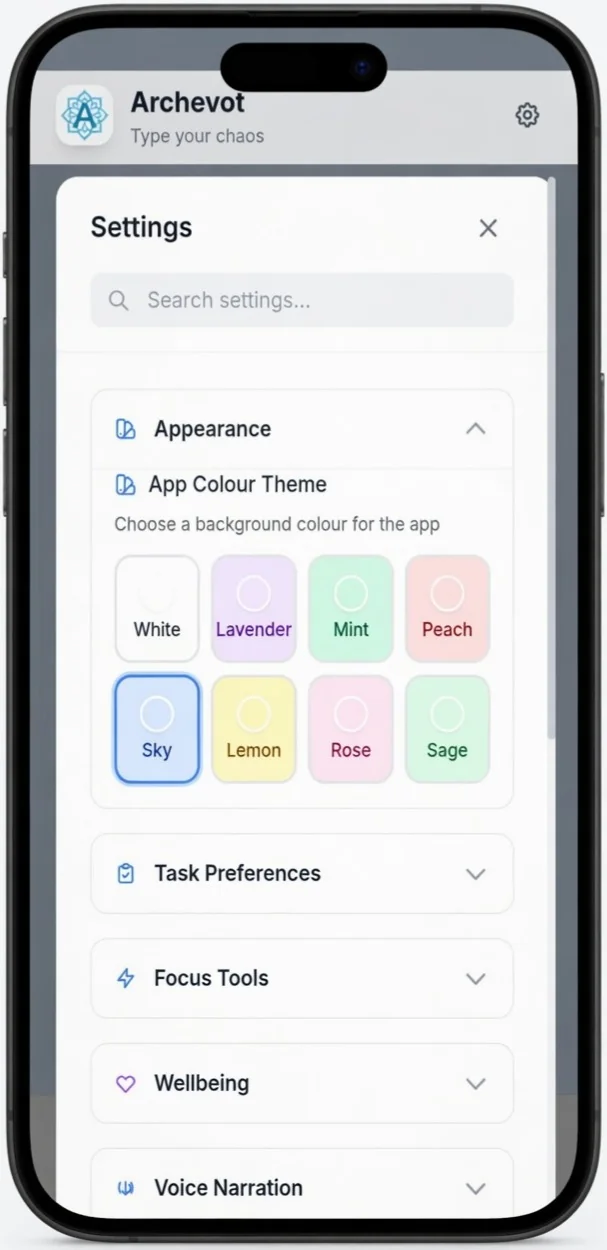 Appearance theme picker showing the eight colour swatches in Archevot
