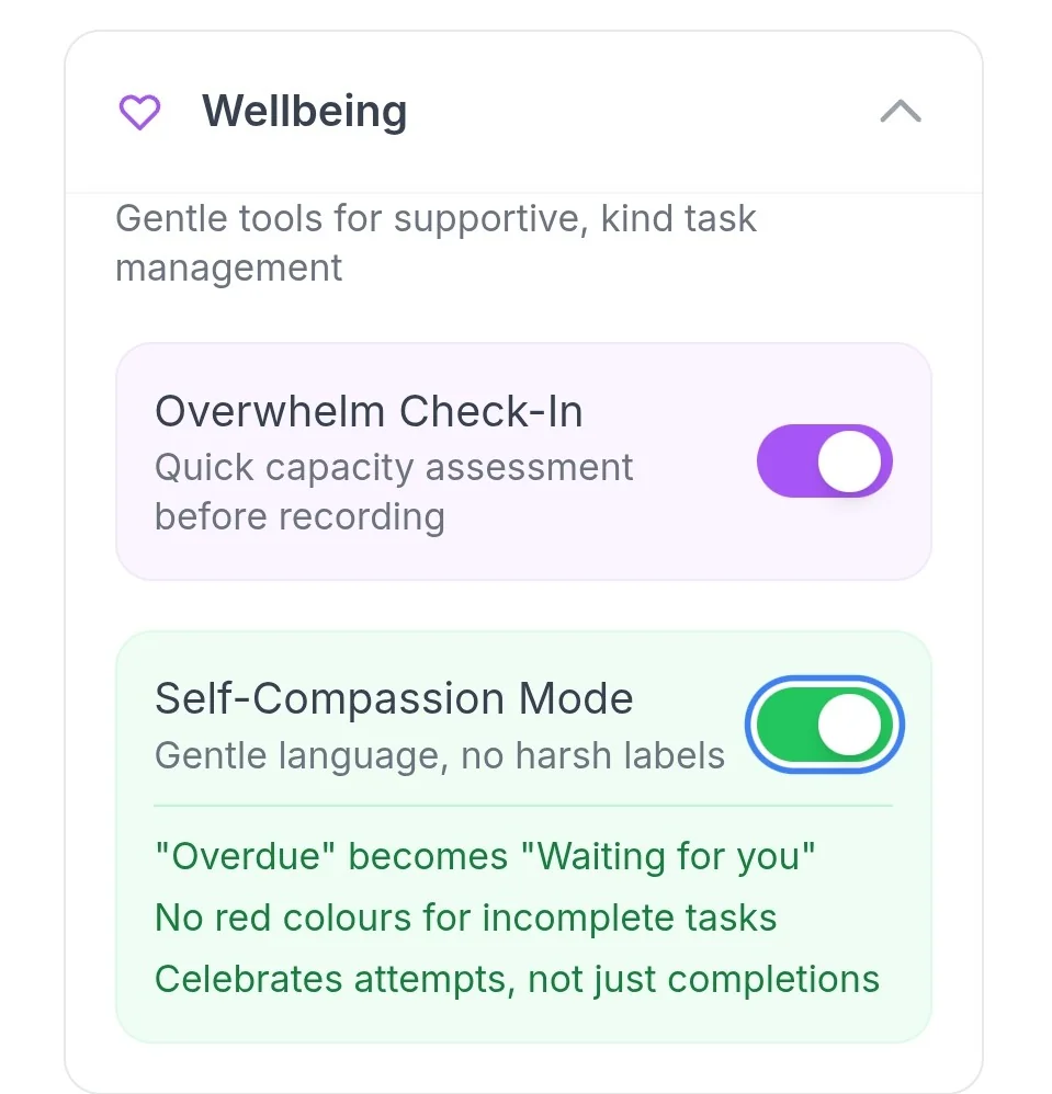 Toggle buttons for Overwhelm Check-In and Self-Compassion Mode in Archevot
