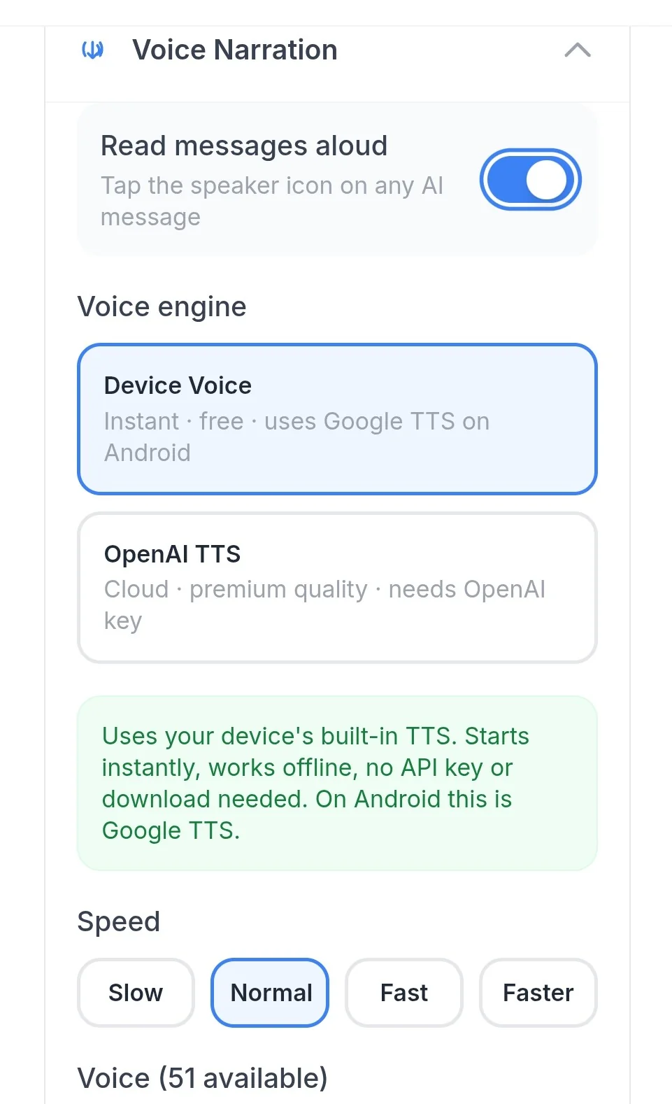 Read messages aloud toggle button in the accessibility settings
