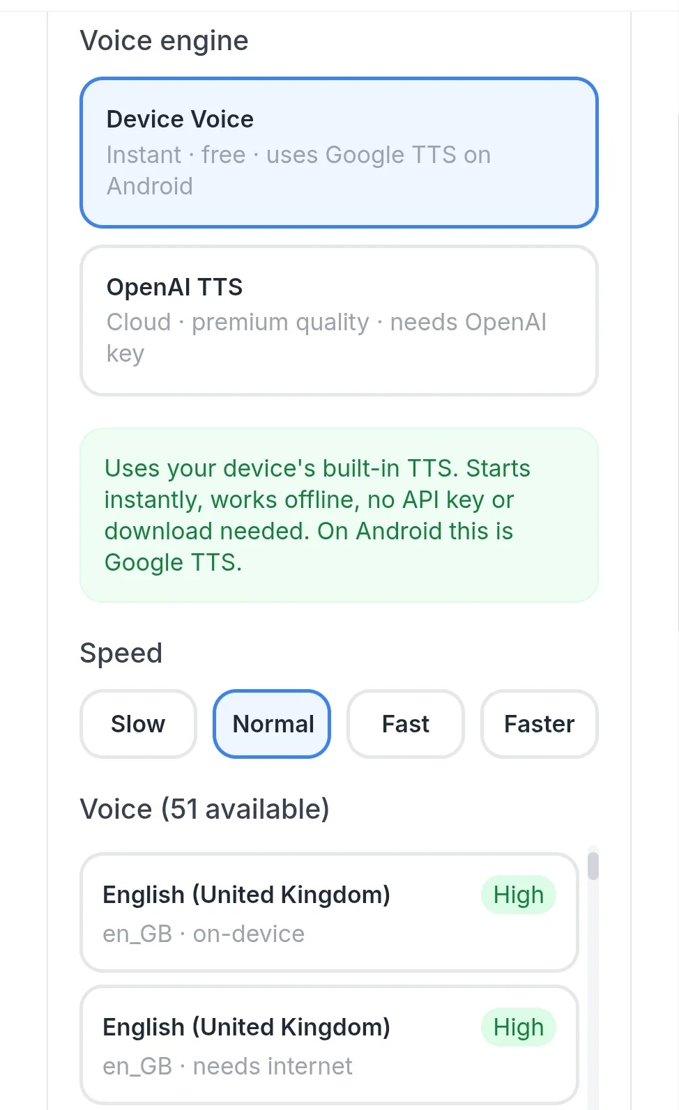 Voice selection screen showing device voice options, OpenAI TTS, and speech speed controls