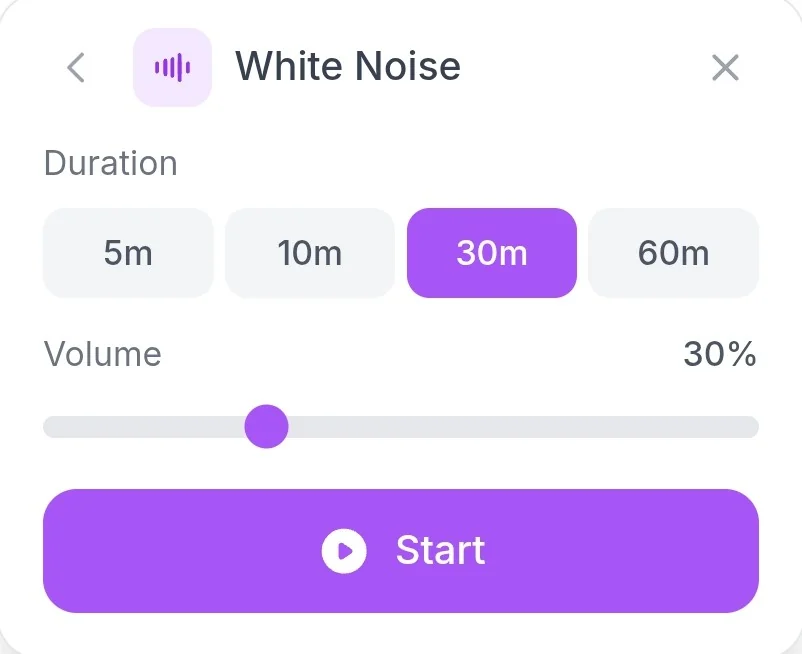 White or brown noise player with time selection, volume control, and start button