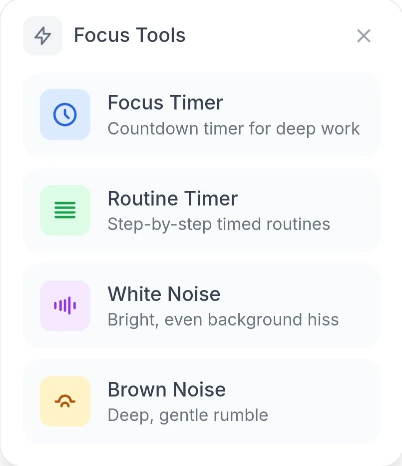 All four Focus Tools toggles enabled in the Settings section