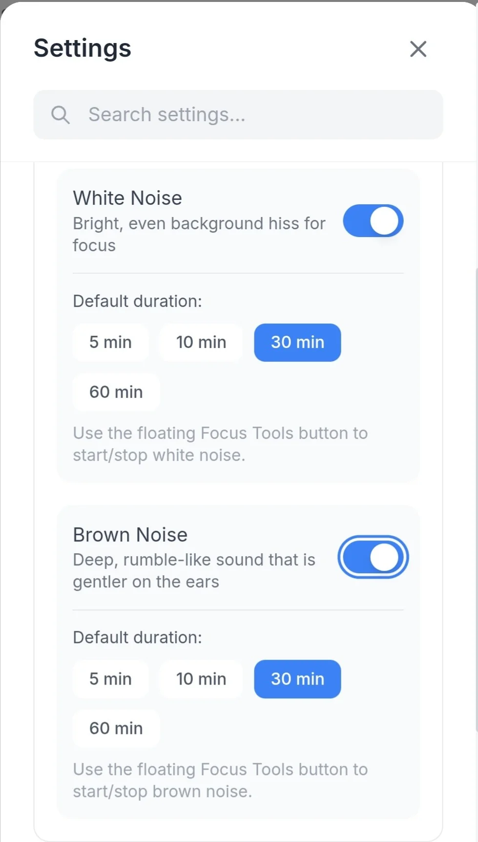 White and brown noise settings inside the Focus Tools tab